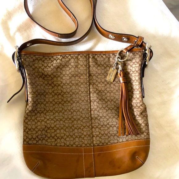 COACH brown signature convertible crossbody leather trimmed bag. F10417. - Picture 1 of 15